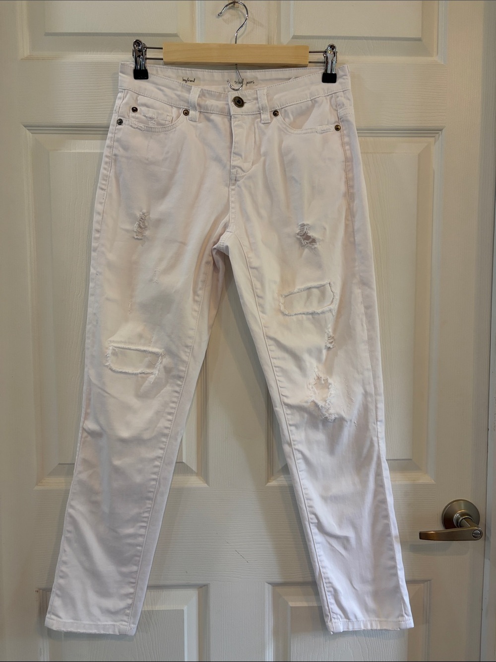 Tribal White Boyfriend Distressed Jeans with Metal Button